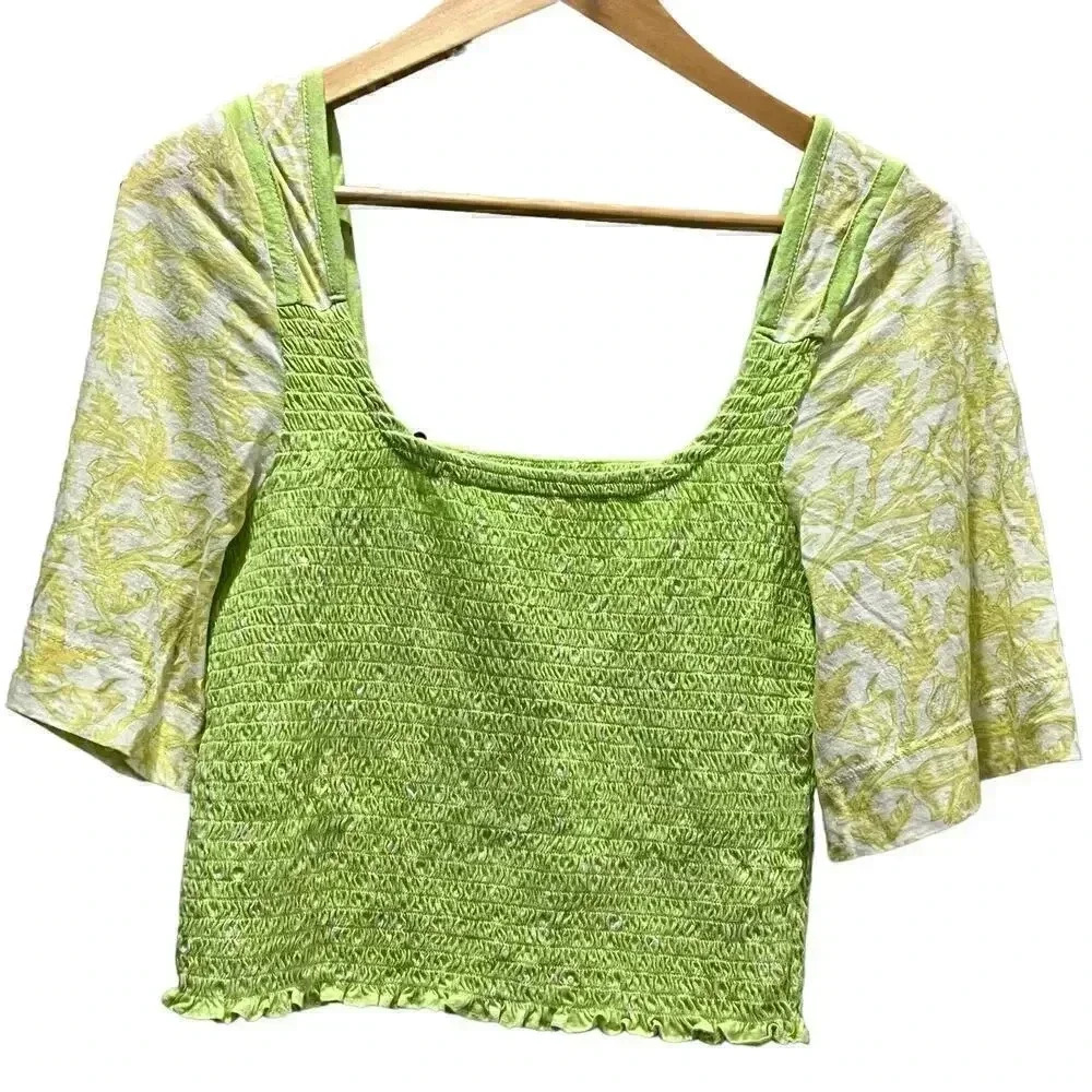Free People‎ Marigold Smocked Lime 3/4 Sleeve Top Small